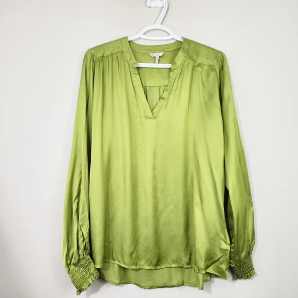 Esqualo Lime Green Satin V-Neck Blouse - Size 12 - Picture 2 of 9